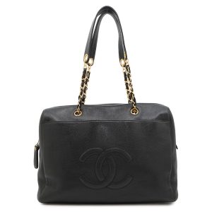 CHANEL CC Logo Chain Travel Bag Black Caviar Leather