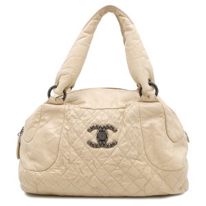 CHANEL CC Logo Travel Bag Beige Leather