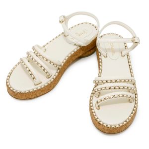 CHANEL CC Logo ChainStrap Sandals WhiteG35779 Leather cork Size 38C