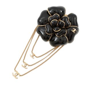 CHANEL Camellia CC Logo Chain Brooch Black Gold Plated Enamel