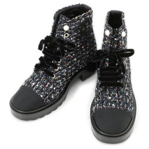 CHANEL CC Logo lace-up short boots Black/MulticolorG35154 Tweed Leather Faux Pearl Size 38H
