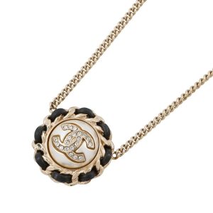 CHANEL CC Logo Necklace Metal Leather Rhinestone Faux Pearl