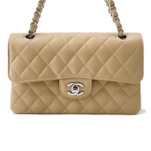 CHANEL Matelasse W Flap ChainShoulder Bag BeigeA01113 Caviar Leather Size 23