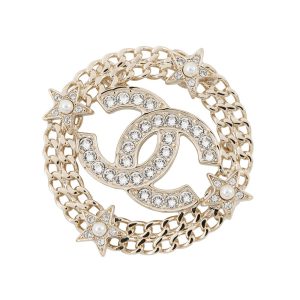 CHANEL CC Logo Round Star Brooch Champagne Gold Gold Plated Rhinestone Faux Pearl
