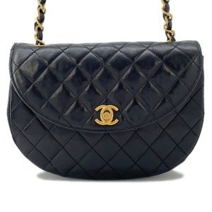 CHANEL Matelasse Half Moon Chainshoulder Bag Black Lambskin