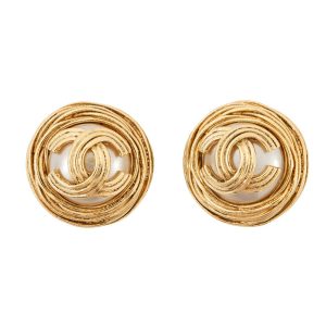 CHANEL CC Logo Faux Pearl Earring Gold Plated Faux Pearl