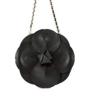 CHANEL Camellia ChainPochette Black Satin Leather