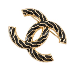 CHANEL CC Logo Brooch Black Gold Plated