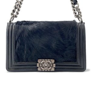CHANEL Boy Chanel ChainShoulder Bag Black Leather Fur Size 25