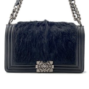 CHANEL Boy Chanel ChainShoulder Bag Black Leather Fur Size 23