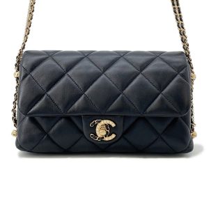 CHANEL Matelasse ChainShoulder Bag Black Lambskin Faux Pearl
