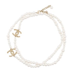 CHANEL Pearl long necklace Champagne Gold Gold Plated Faux Pearl Rhinestone