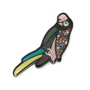 CHANEL Parrot CC Logo Brooch Black/Multicolor Plastic Metal Rhinestone