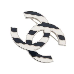 CHANEL CC Logo Border Brooch White/Blue Metal