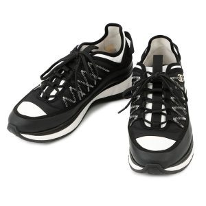 CHANEL CC Logo Sneakers Black/WhiteG46010 Fabric Leather Suede Size 43