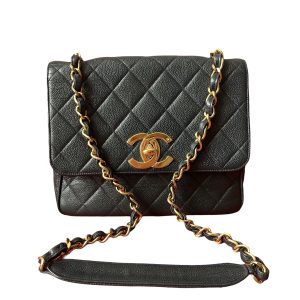 Chanel Classic Flap Vintage Navy Black Caviar Leather 24k Gold Plated Giant CC Logo, 1994-96