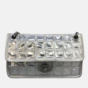 Chanel Ice Cube Chocolate Bar Classic Flap Metallic Silver PVC with Leather