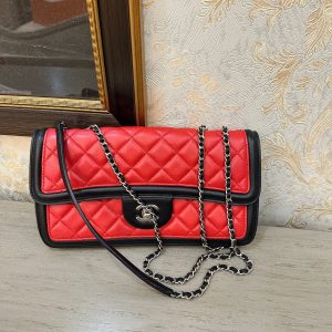 Chanel Baguette Flap Shoulder Bag Lambskin Red and Black Silver Double Chain
