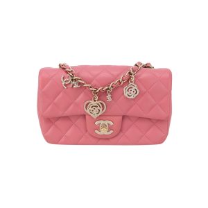 Chanel Classic Flap Rectangular Mini Pink Lambskin Leather Gold Hardware with Charms