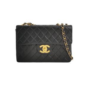 Chanel Classic Flap Large 1994 Vintage Black Lambskin Leather 24k Gold Plated Mega CC Logo