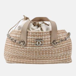 Chanel Deauville Chain Shoulder Bag Beige Raffia and Tweed
