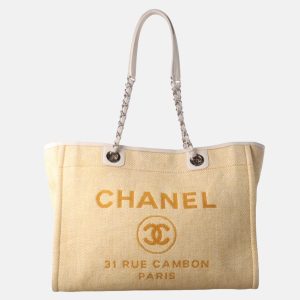 Chanel Deauville Tote 2013 Yellow Denim Leather Trim Small