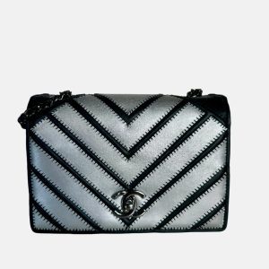 Chanel Lambskin Chevron Quilted Small Couture Flap Black Silver, 2016-2017