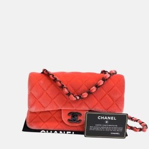 Chanel Classic Flap Mini Coral Pink Velvet Black Hardware, 2014-2015