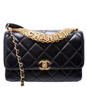 Chanel Crystal Logo Chain Top Handle Flap Small Quilted Lambskin RFID Black Bag