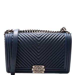 Chanel Boy Flap Medium Crinkle Chevron 20M Blue Bag