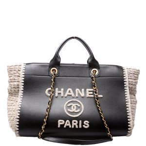 Chanel Deauville Calfskin/Crochet Tote Medium Black Bag