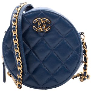 Chanel Infinity Round Clutch With Chain Quilted Lambskin 28M Blue Bag