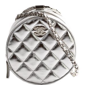 Chanel Metallic Quilted Round Bracelet Clutch With Chain Silver Bag