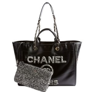 Chanel Deauville Shiny Calf/Tweed Large Tote RFID Black Bag