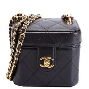 Chanel CC Turnlock Mini Vanity Clutch With Chain Quilted Lamb RFID Black Bag