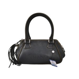 CHANEL Calfskin Leather Tassel Medium Black Bowler bag