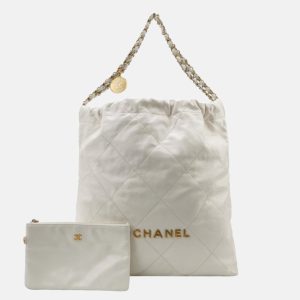 Chanel 22 Hobo Bag Medium Shiny Calfskin Leather White with Gold-tone Hardware