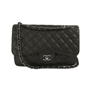 Chanel Classic Flap Jumbo Dark Green Caviar Leather Double Flap Silver Hardware