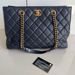 Chanel Perfect Edge Tote Quilted Navy Leather Antique Gold Hardware