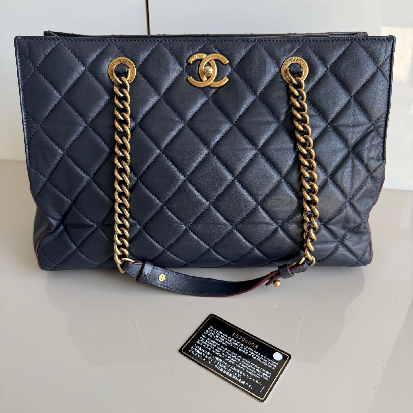 Chanel Perfect Edge Tote Quilted Navy Leather Antique Gold Hardware