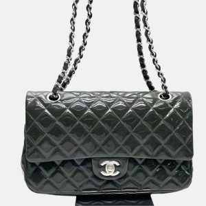 Chanel Classic Flap Medium Dark Green Patent Leather Silver Hardware, 2014-2015