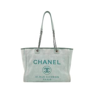 Chanel Deauville Tote Light Blue Cloth Leather Chain Handle Small 34cm