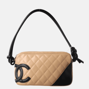 Chanel Cambon Clutch Shoulder Bag Beige Calfskin Leather Black Strap