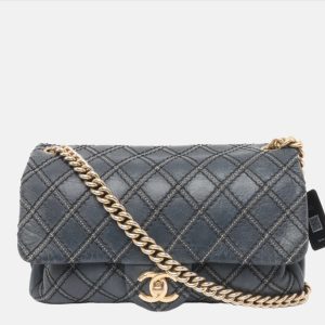 Chanel Classic Flap 2014 Medium Navy Fabric Diamond Quilting Crossbody Bag