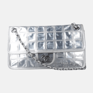 Chanel Ice Cube Chocolate Bar Classic Flap Metallic Silver PVC with Leather