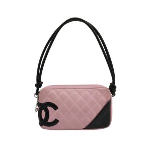 Chanel Cambon Clutch Shoulder Bag Pink Calfskin Leather Black Strap