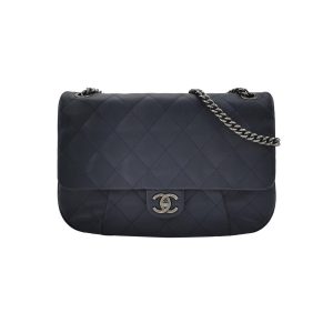 Chanel Large Single Flap Navy Calfskin Leather Cannage Stitch Silver Hardware 2012
