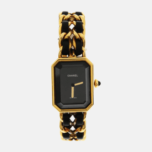 CHANEL 1987 Vintage PREMIERE Watch M Black Leather and 24KT Yellow Gold Plated