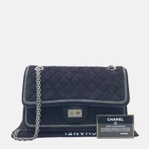 Chanel 2.55 Double Flap Medium Suede Leather Navy Silver HW, 2016