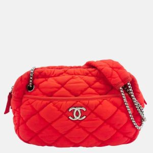 Chanel Nylon Bubble Striped Quilt Accordion Flap Bag Red